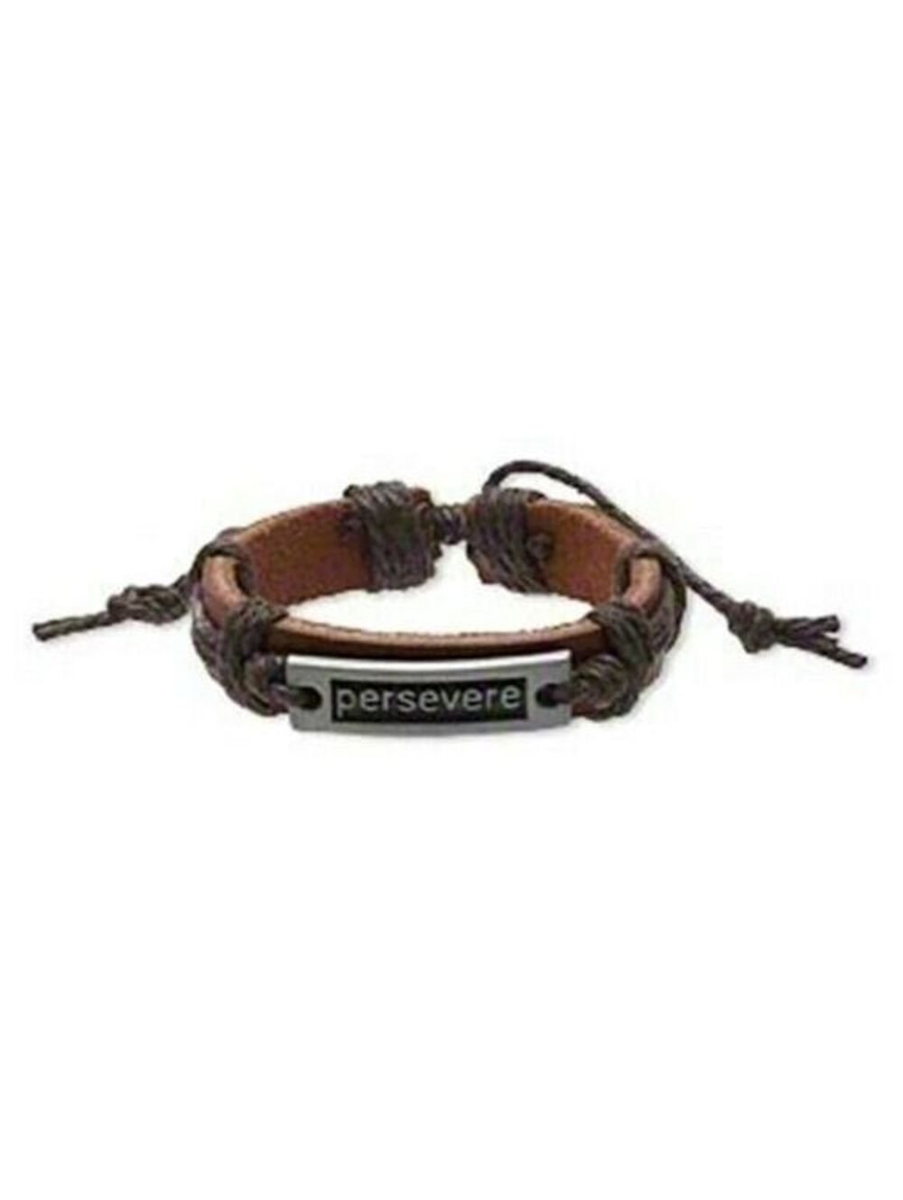 Brown Perservere Affirmation Leather Silver Pewter Adjustable Bracelet
